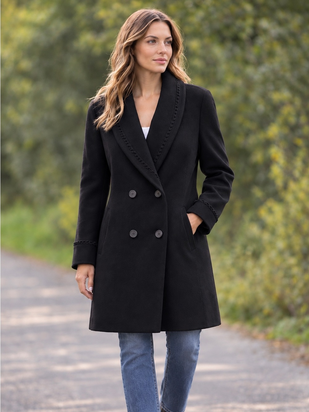 Vintage ALORNA Womens Black Long Wool Blend Coat Large Double Breasted Tailored